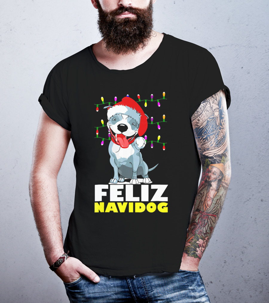 Feliz Navidog Pitbull In Santa Hat With Christmas Lights T-Shirt