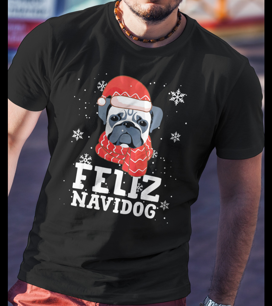 Feliz Navidog Pug Dog With Santa Hat And Scarf Snowflakes T-Shirt