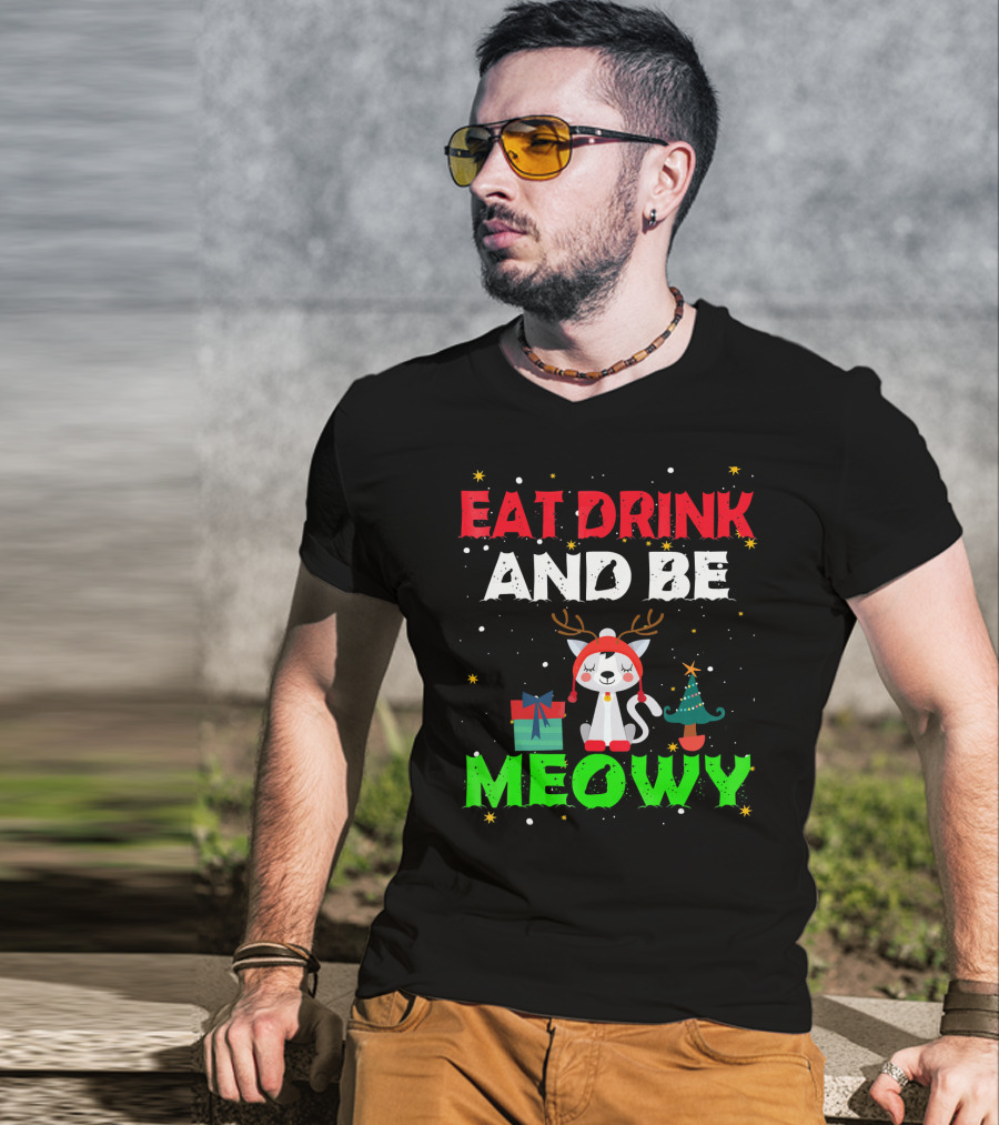 Eat Drink And Be Meowy Cat With Reindeer Antlers Holiday Motif T-Shirt
