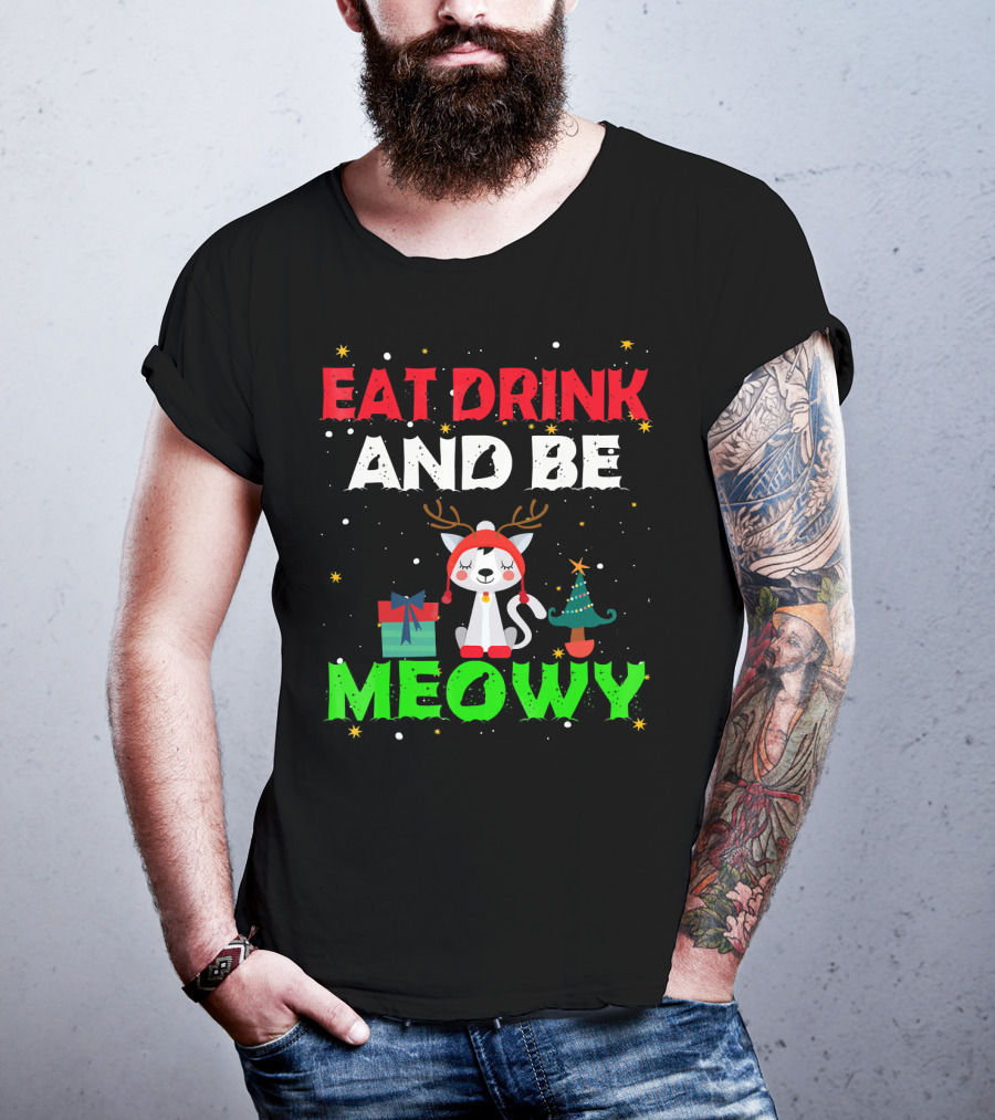 Eat Drink And Be Meowy Cat With Reindeer Antlers Holiday Motif T-Shirt