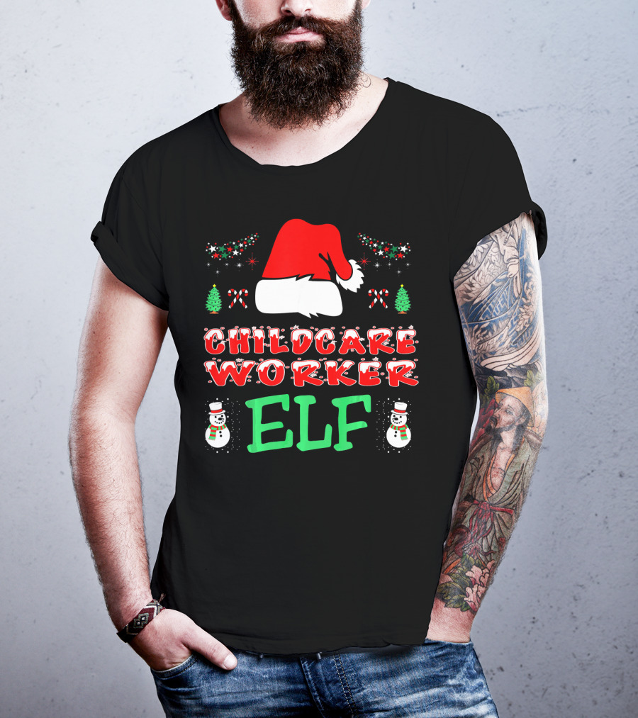 Childcare Worker Elf Santa Hat Candy Canes Snowmen Christmas Trees T-Shirt