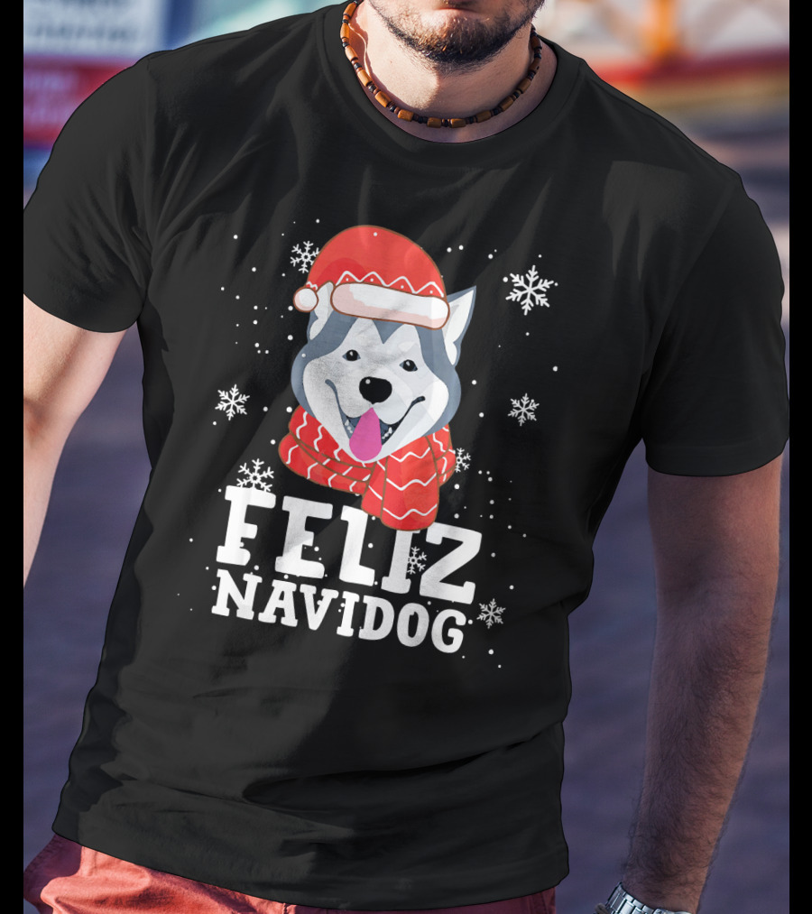 Feliz Navidog Husky Siberian Dog Festive Holiday Santa Hat And Snowflakes T-Shirt