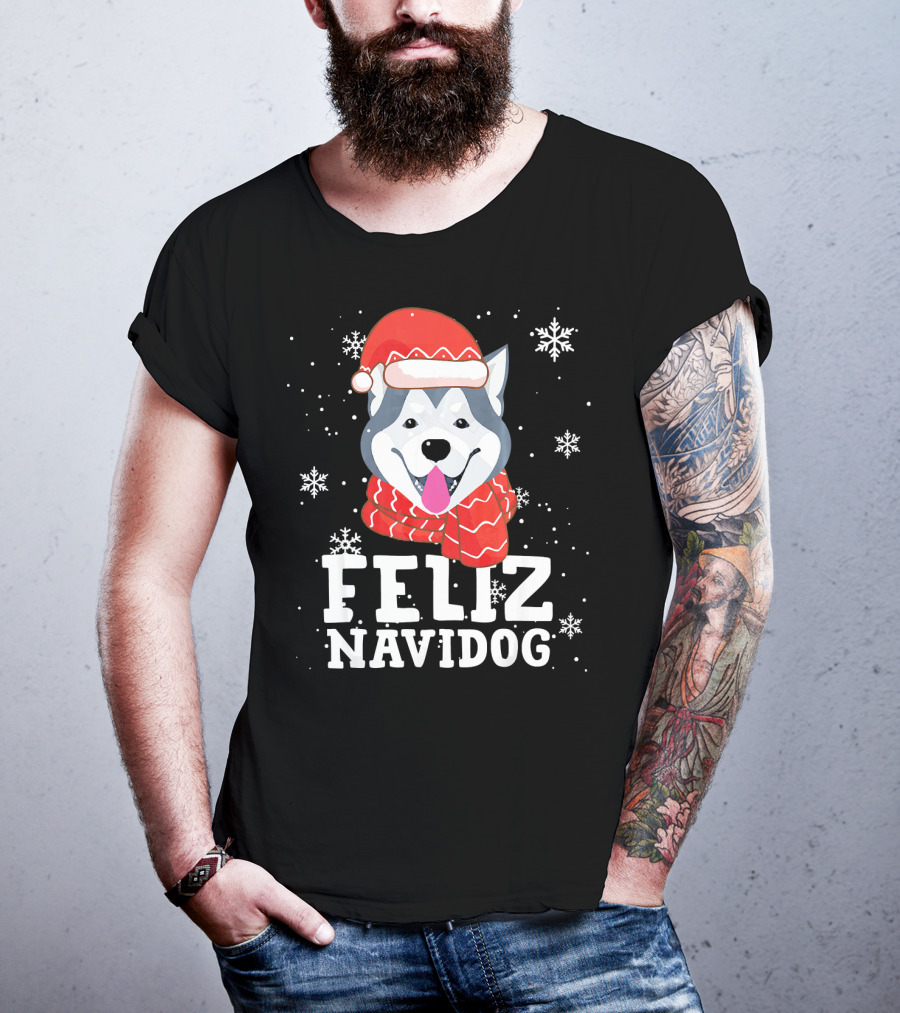 Feliz Navidog Husky Siberian Dog Festive Holiday Santa Hat And Snowflakes T-Shirt
