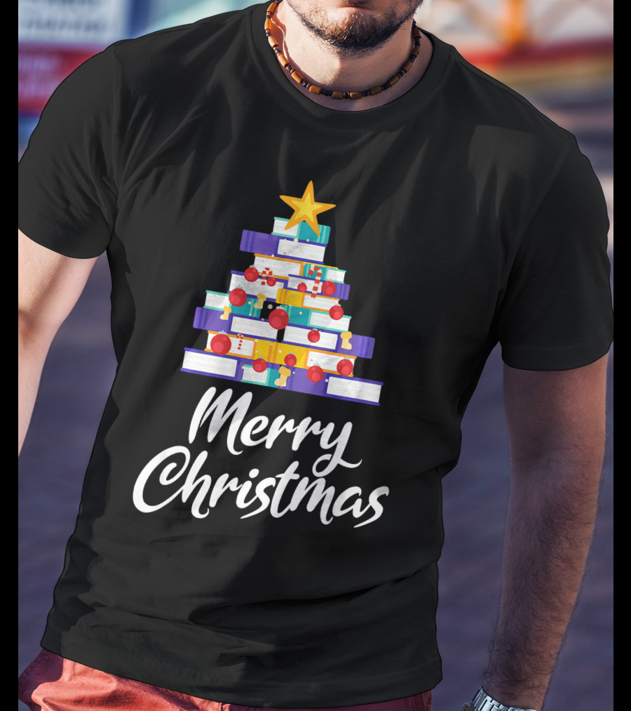 Merry Christmas Tree Stack Of Books Holiday Decor T-Shirt