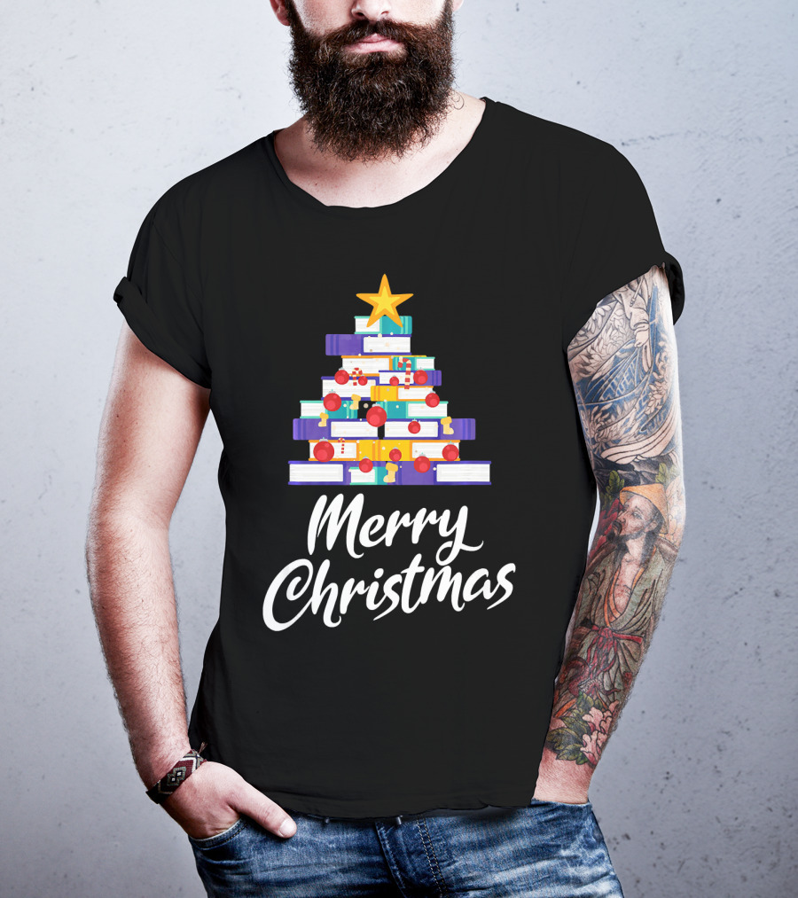 Merry Christmas Tree Stack Of Books Holiday Decor T-Shirt