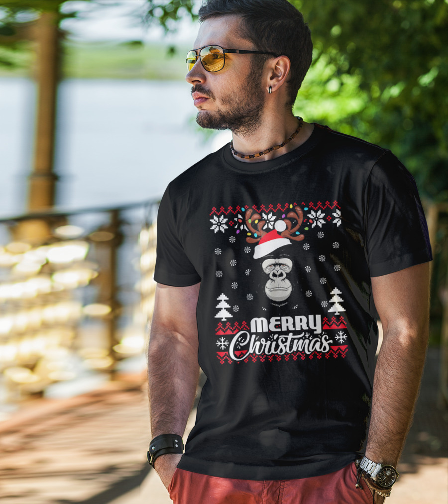 Gorilla Santa Hat Antler Merry Christmas UglySt T-Shirt