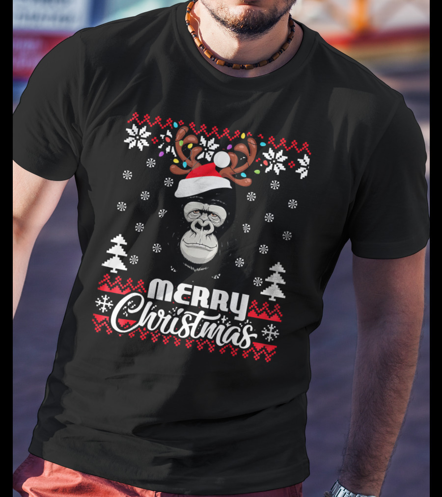 Gorilla Santa Hat Antler Merry Christmas UglySt T-Shirt