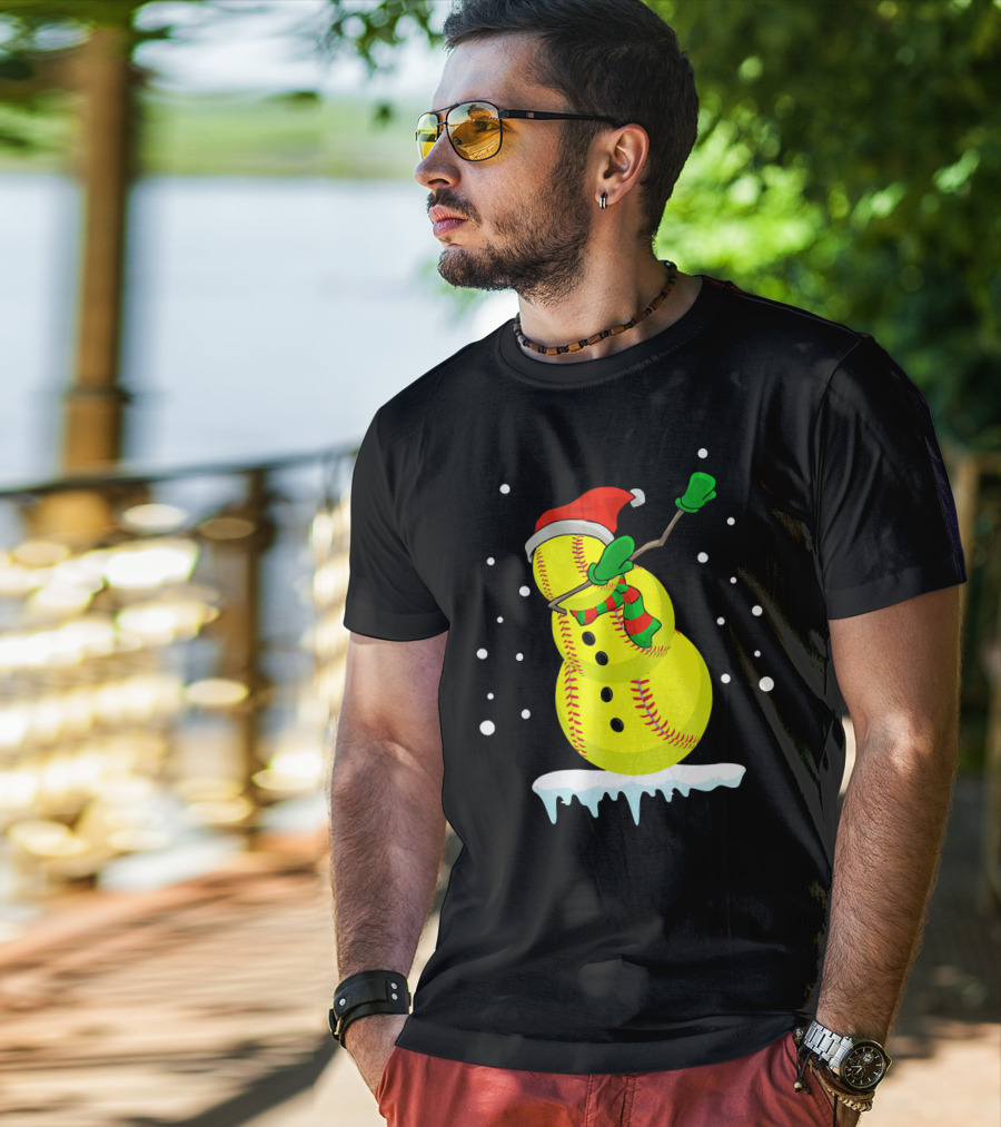 Dabbing Snowman Softball Christmas Fun T-Shirt