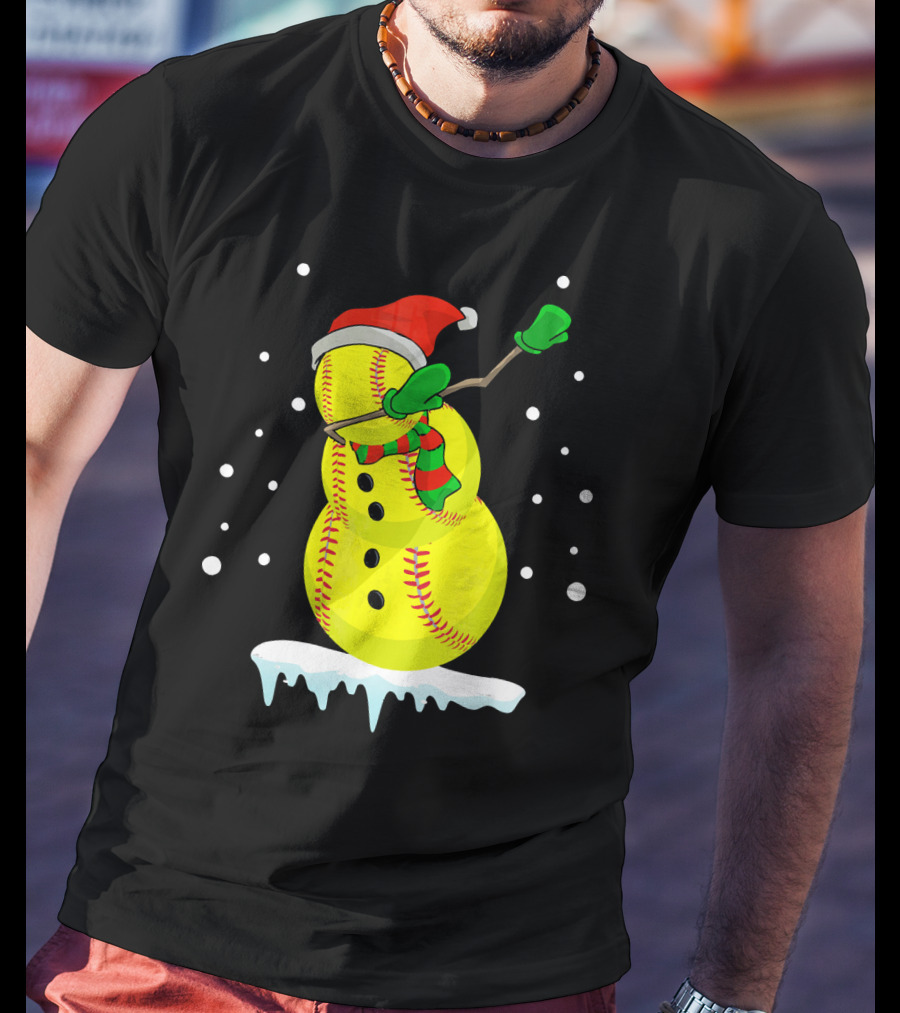 Dabbing Snowman Softball Christmas Fun T-Shirt