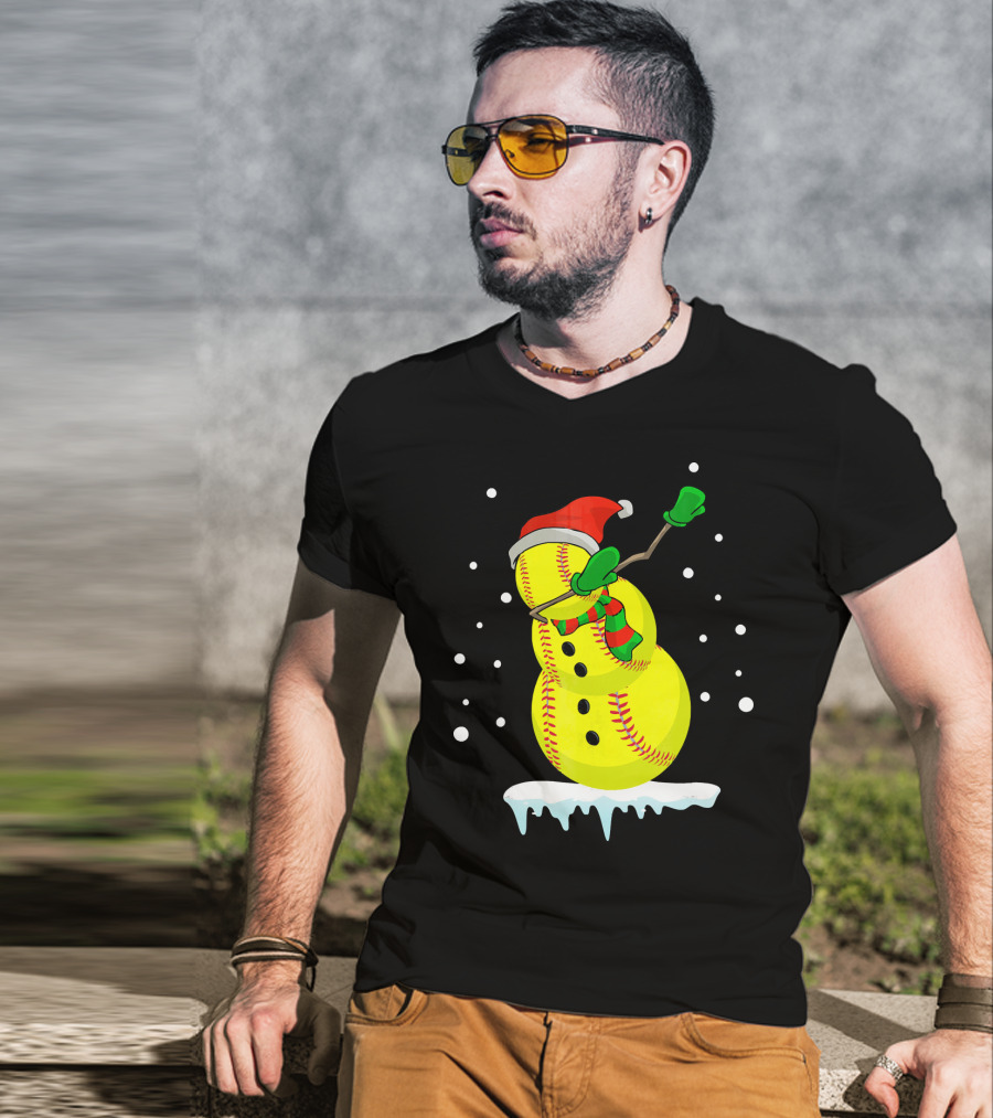 Dabbing Snowman Softball Christmas Fun T-Shirt