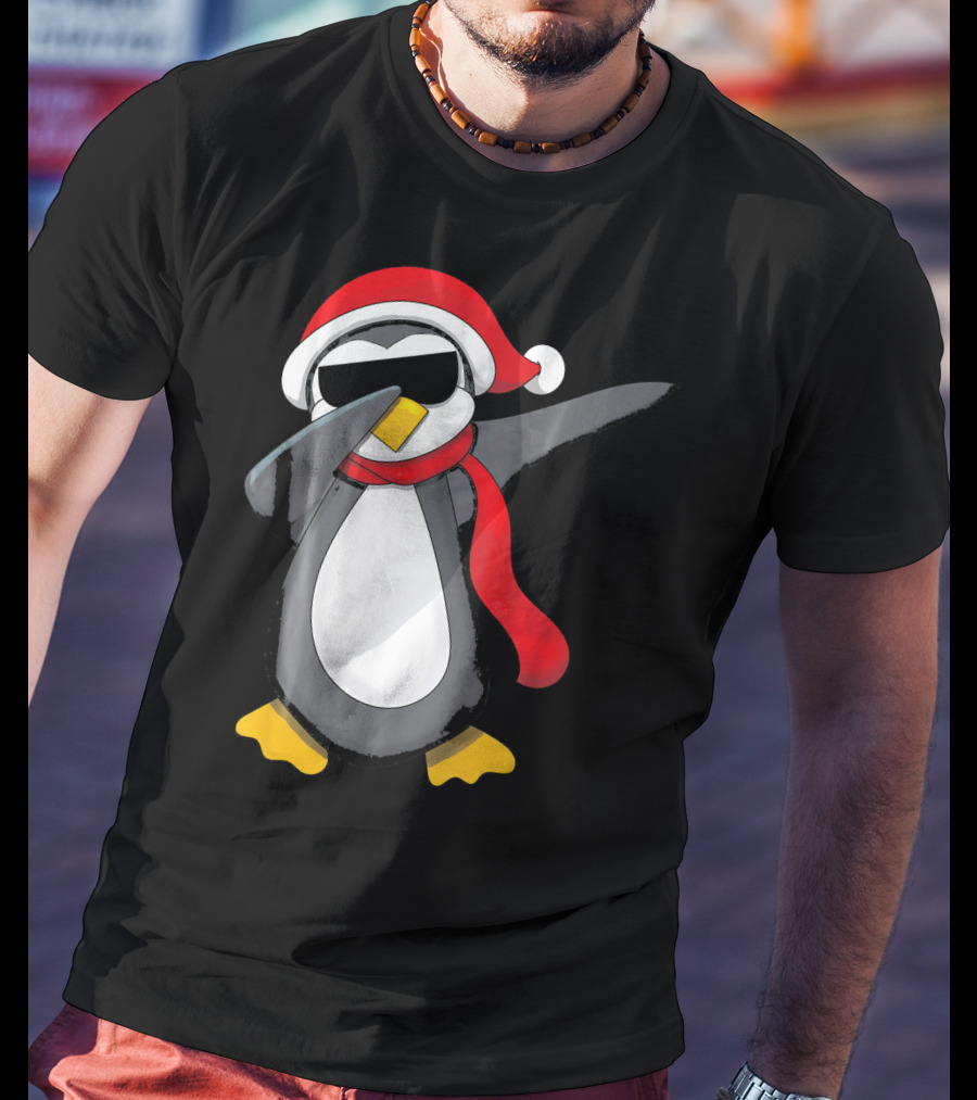 Dabbing Penguin Christmas Mornin Santa Hat Scarf Holiday Fun T-Shirt