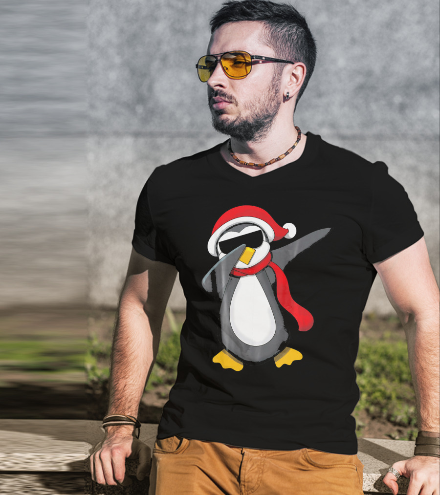 Dabbing Penguin Christmas Mornin Santa Hat Scarf Holiday Fun T-Shirt