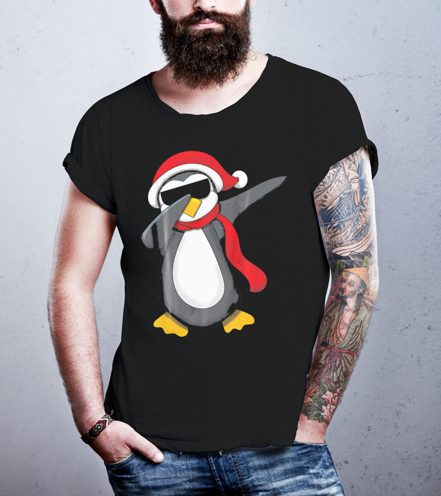 Dabbing Penguin Christmas Mornin Santa Hat Scarf Holiday Fun T-Shirt