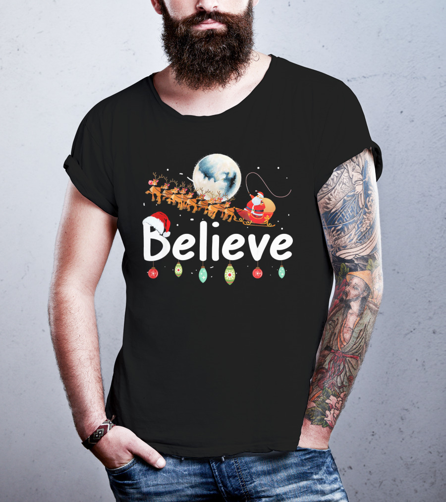 Believe Santa Sleigh Reindeer Moon Christmas Xmas T-Shirt