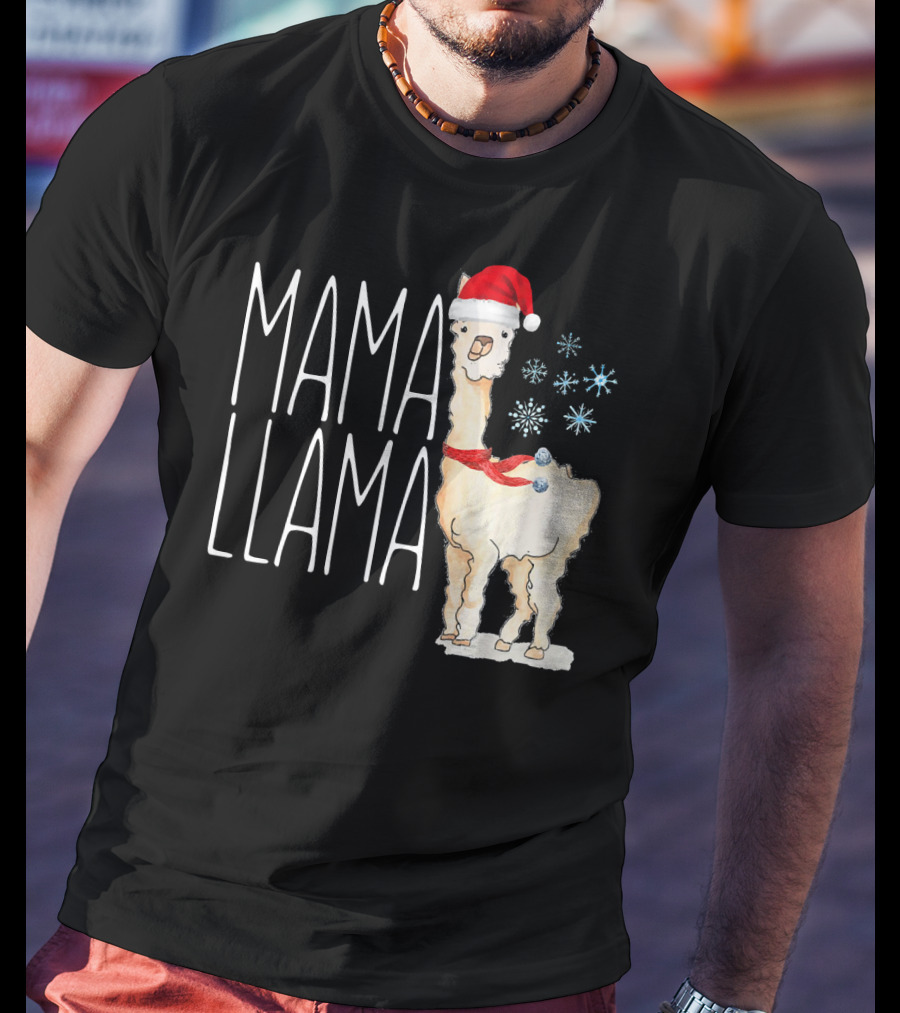Mama Llama Christmas Snowflakes Santa Hat T-Shirt