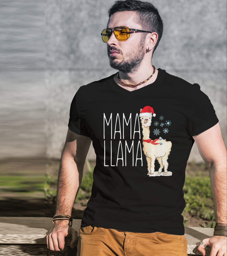 Mama Llama Christmas Snowflakes Santa Hat T-Shirt