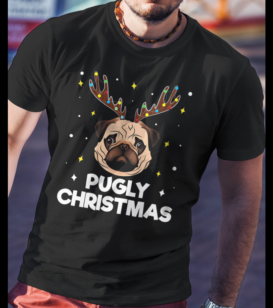 Pugly Christmas Pug Lover Me Reindeer Lights T-Shirt
