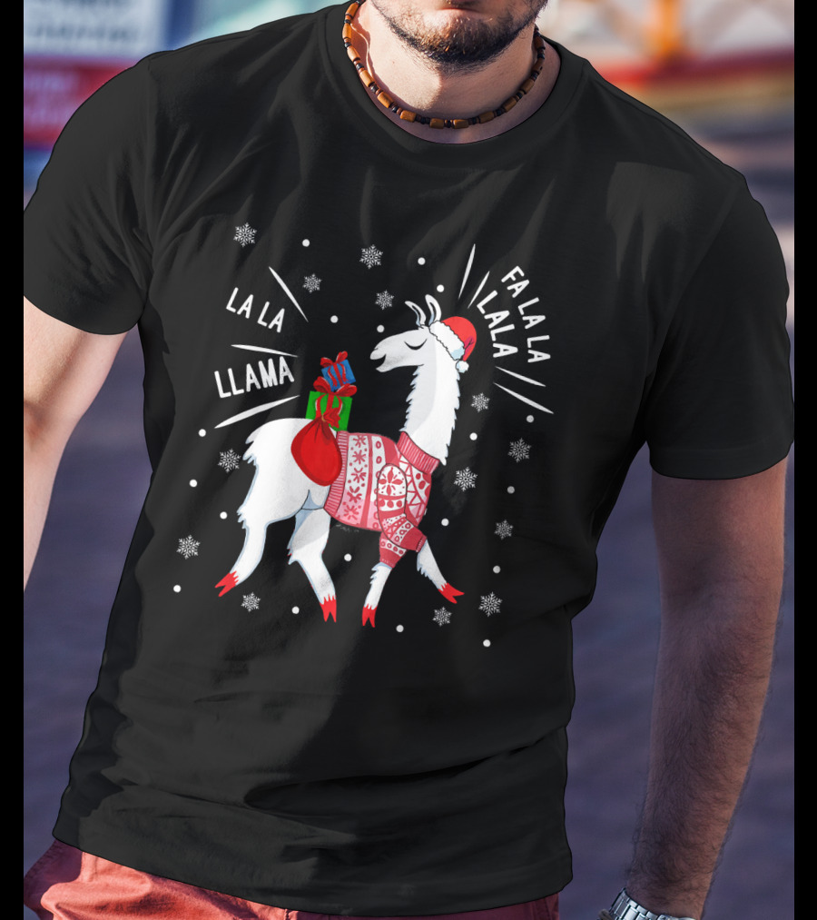 Fa La La Fa La La La La Llama Christmas Santa Hat Sweater Snowflakes T-Shirt