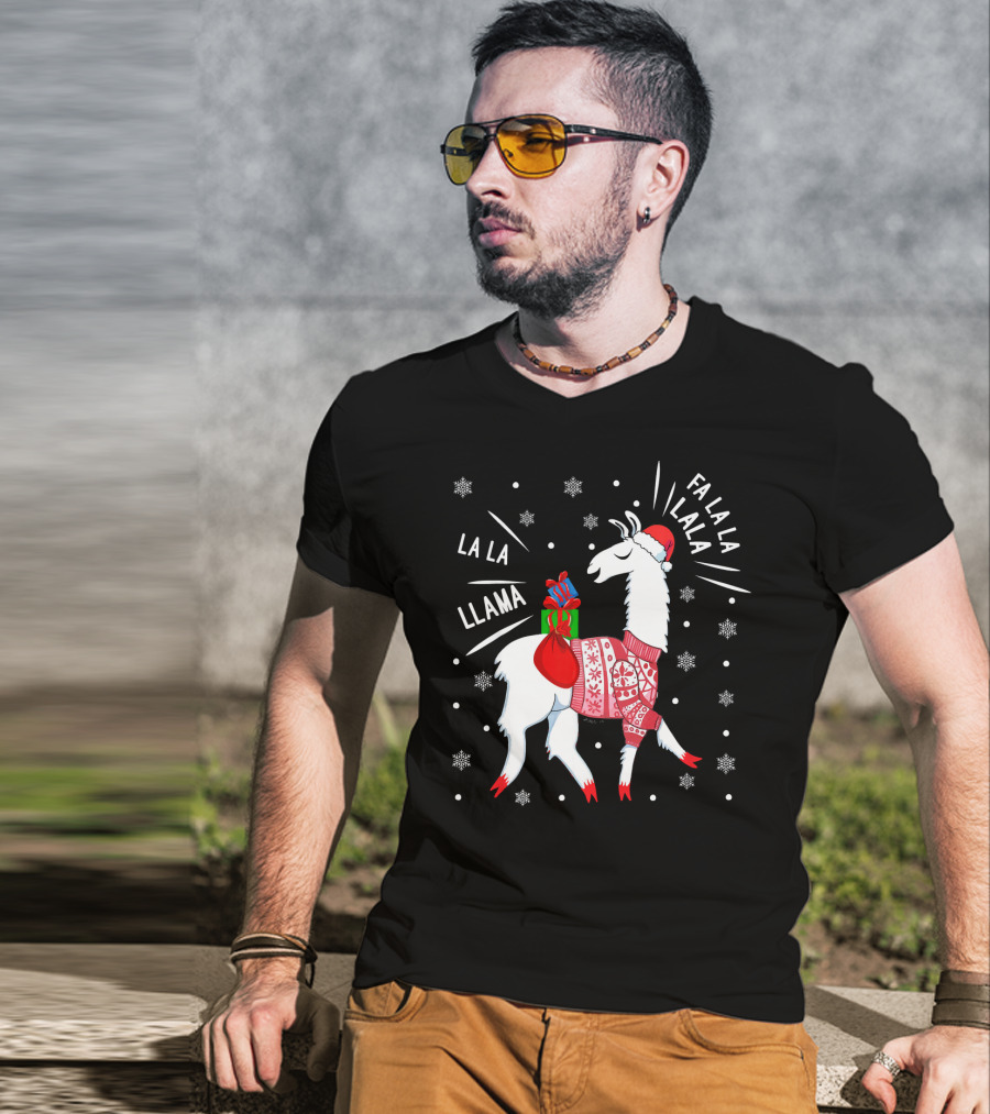Fa La La Fa La La La La Llama Christmas Santa Hat Sweater Snowflakes T-Shirt