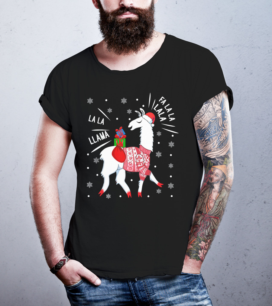 Fa La La Fa La La La La Llama Christmas Santa Hat Sweater Snowflakes T-Shirt
