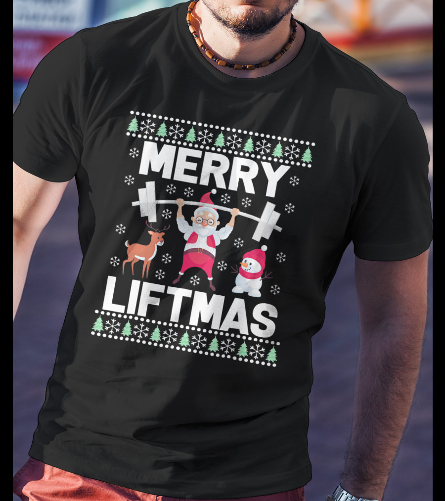 Merry Liftmas Santa Lifting Weights With Reindeer Snowman Christmas T-Shirt