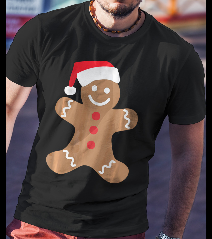 Gingerbread Man With Santa Hat Christmas T-Shirt