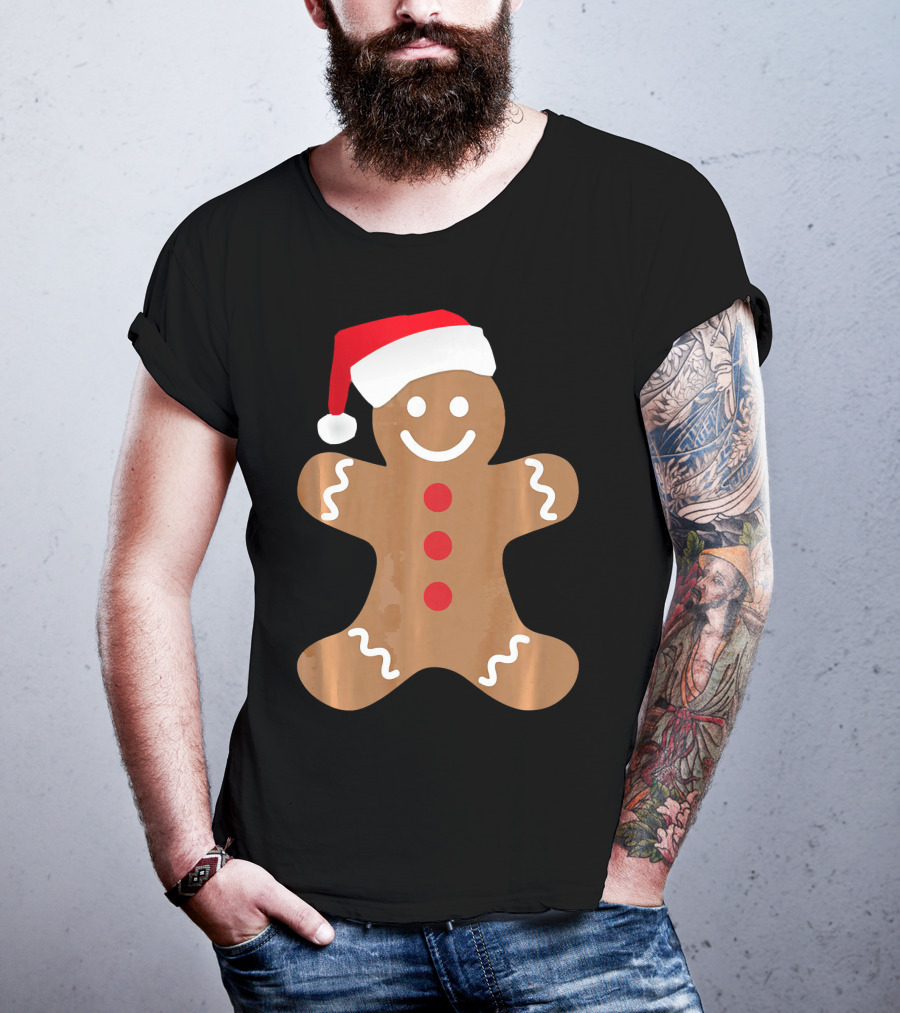 Gingerbread Man With Santa Hat Christmas T-Shirt