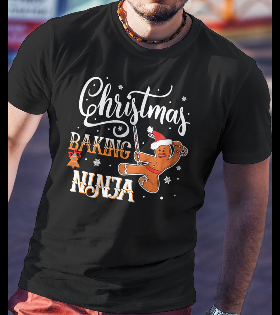 Christmas Baking Ninja Gingerbread With Santa Hat And Candy Cane T-Shirt