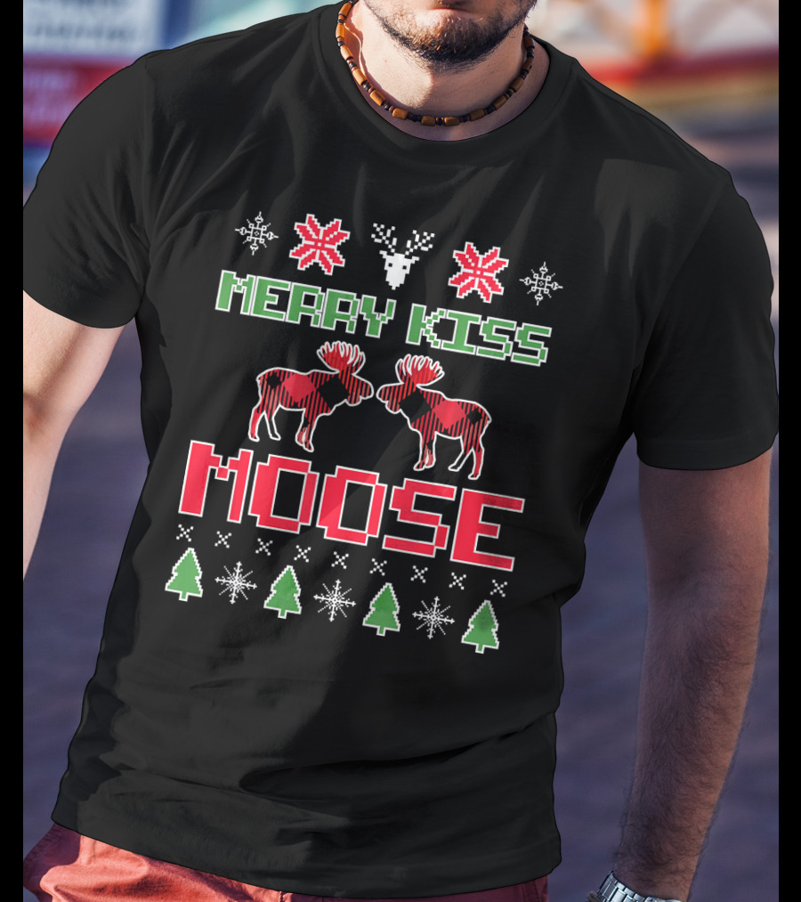 Merry Kiss Moose Christmas Ugly Sweater Style Holiday Moose Tree Snowflake Xmas T-Shirt