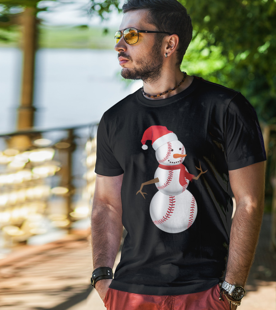 Snowman Made Of Baseballs With Santa Hat And Scarf T-Shirt
