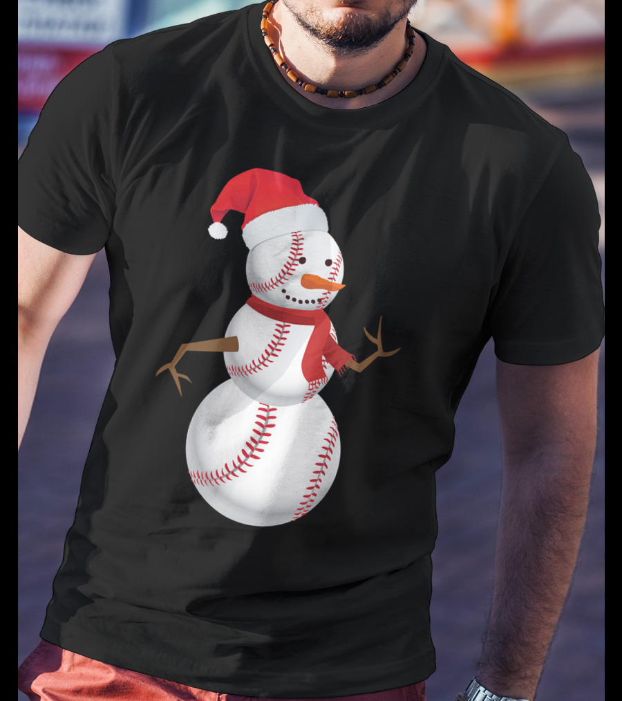 Snowman Made Of Baseballs With Santa Hat And Scarf T-Shirt