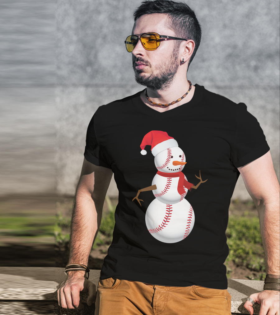 Snowman Made Of Baseballs With Santa Hat And Scarf T-Shirt