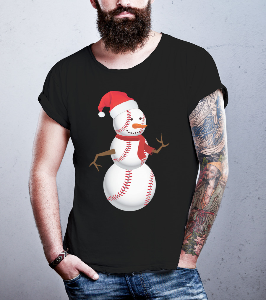 Snowman Made Of Baseballs With Santa Hat And Scarf T-Shirt