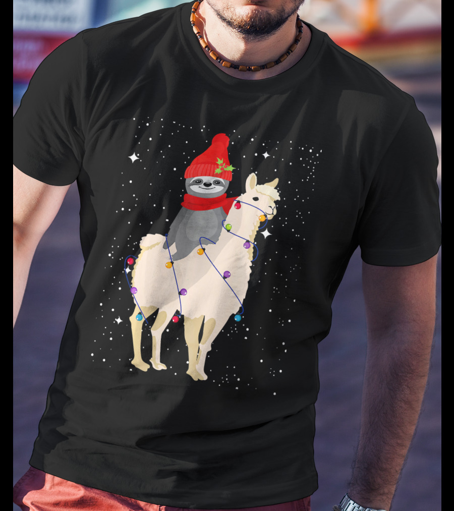 Sloth In Red Beanie And Scarf Riding Llama With Christmas Lights T-Shirt