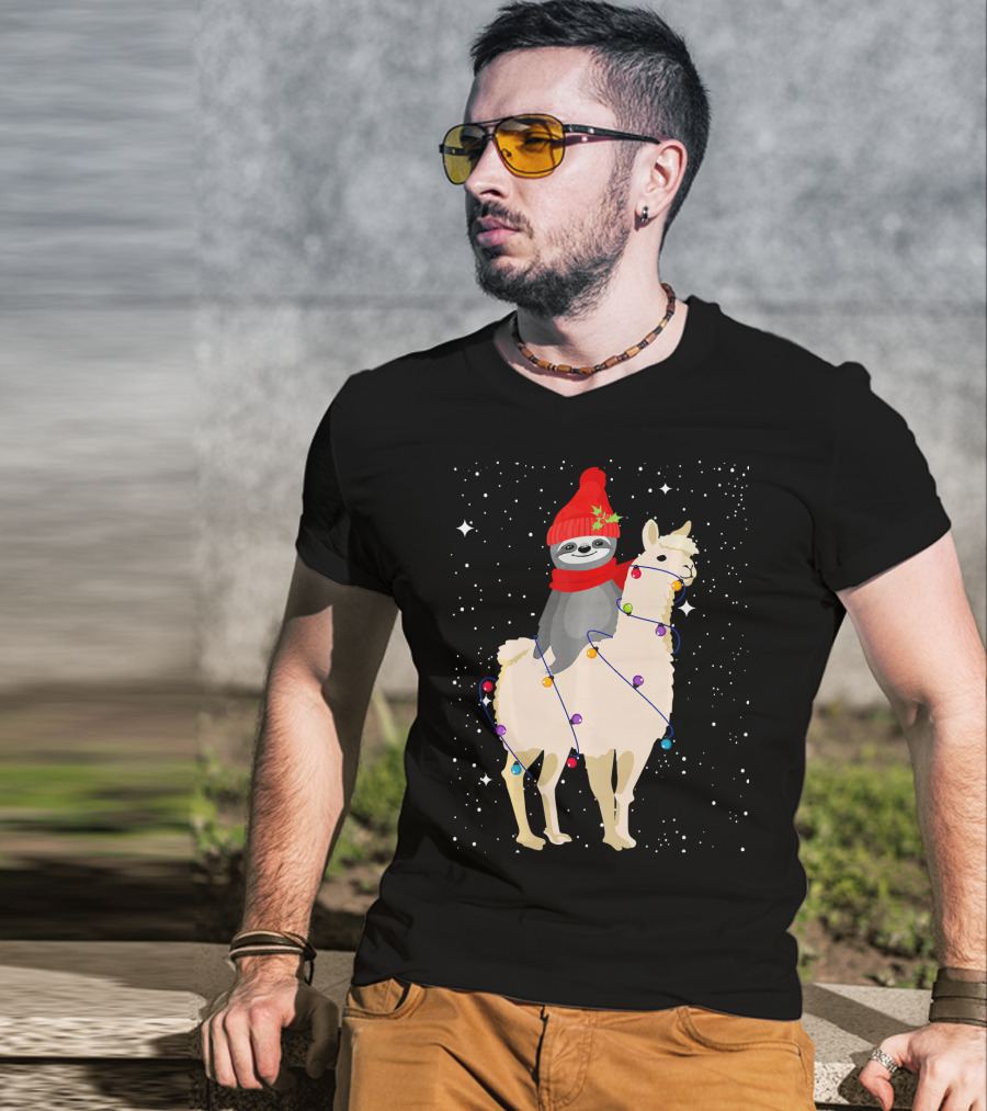 Sloth In Red Beanie And Scarf Riding Llama With Christmas Lights T-Shirt