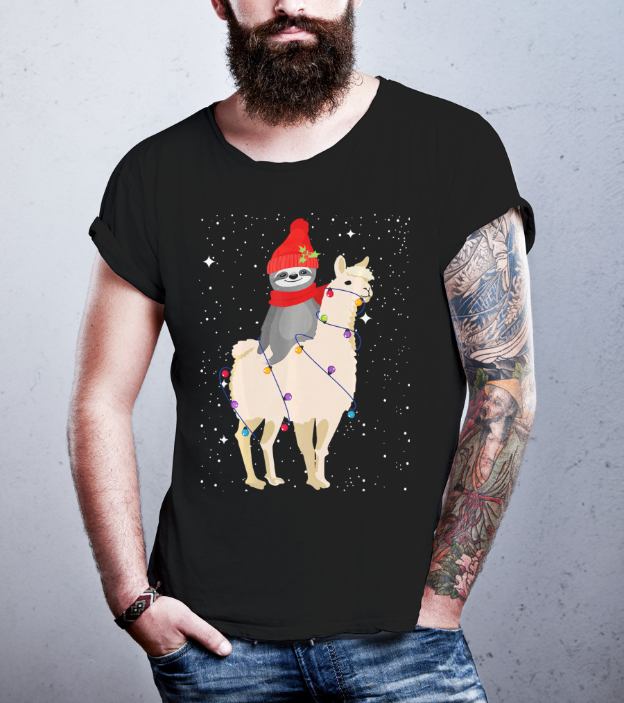 Sloth In Red Beanie And Scarf Riding Llama With Christmas Lights T-Shirt