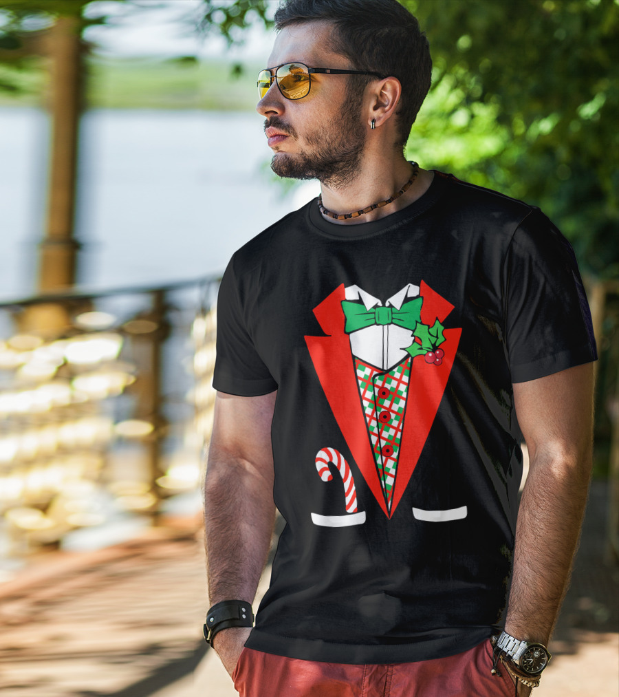 Candy Cane Green Red Tuxedo With Holly Bow Tie T-Shirt