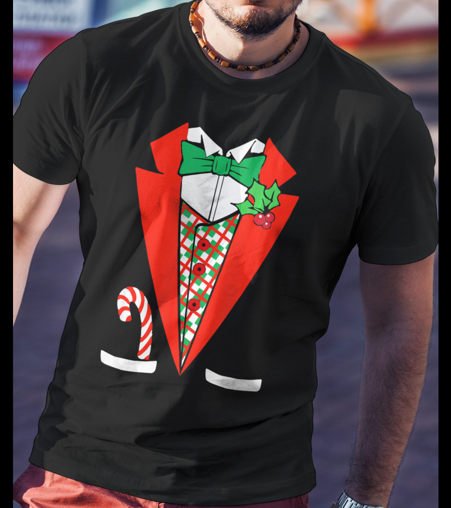 Candy Cane Green Red Tuxedo With Holly Bow Tie T-Shirt