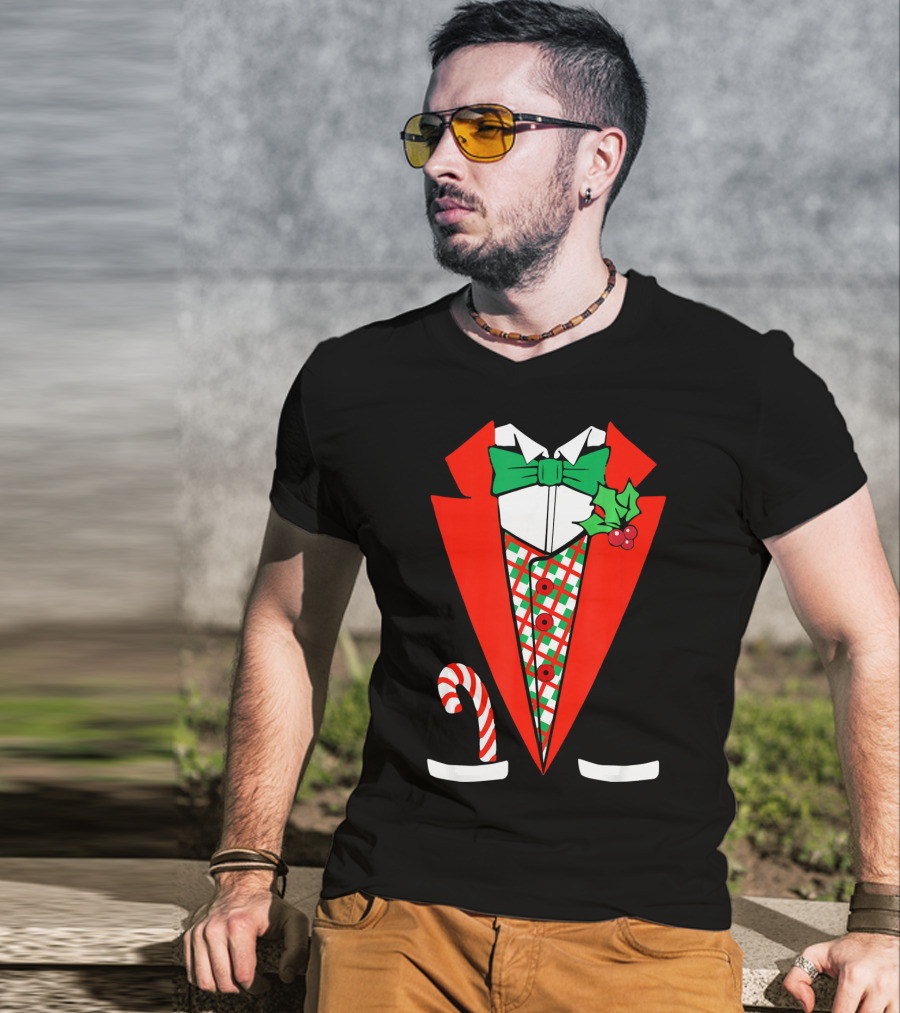 Candy Cane Green Red Tuxedo With Holly Bow Tie T-Shirt