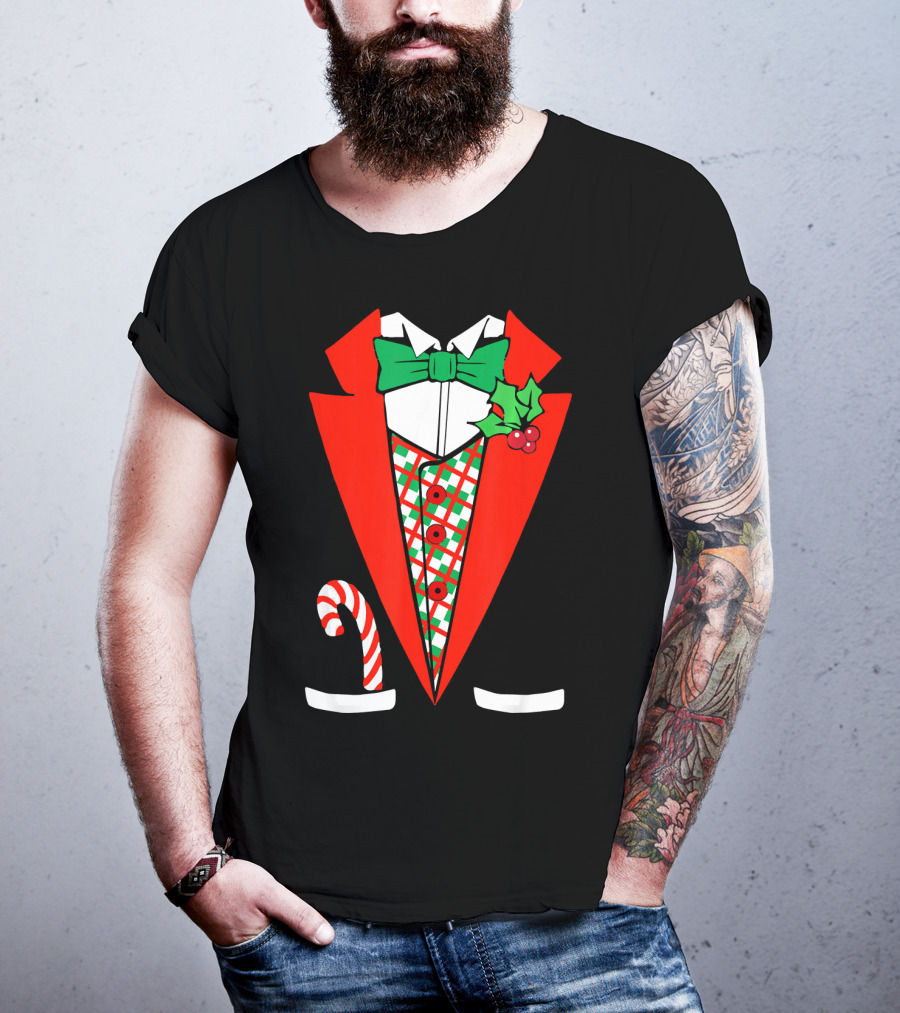 Candy Cane Green Red Tuxedo With Holly Bow Tie T-Shirt