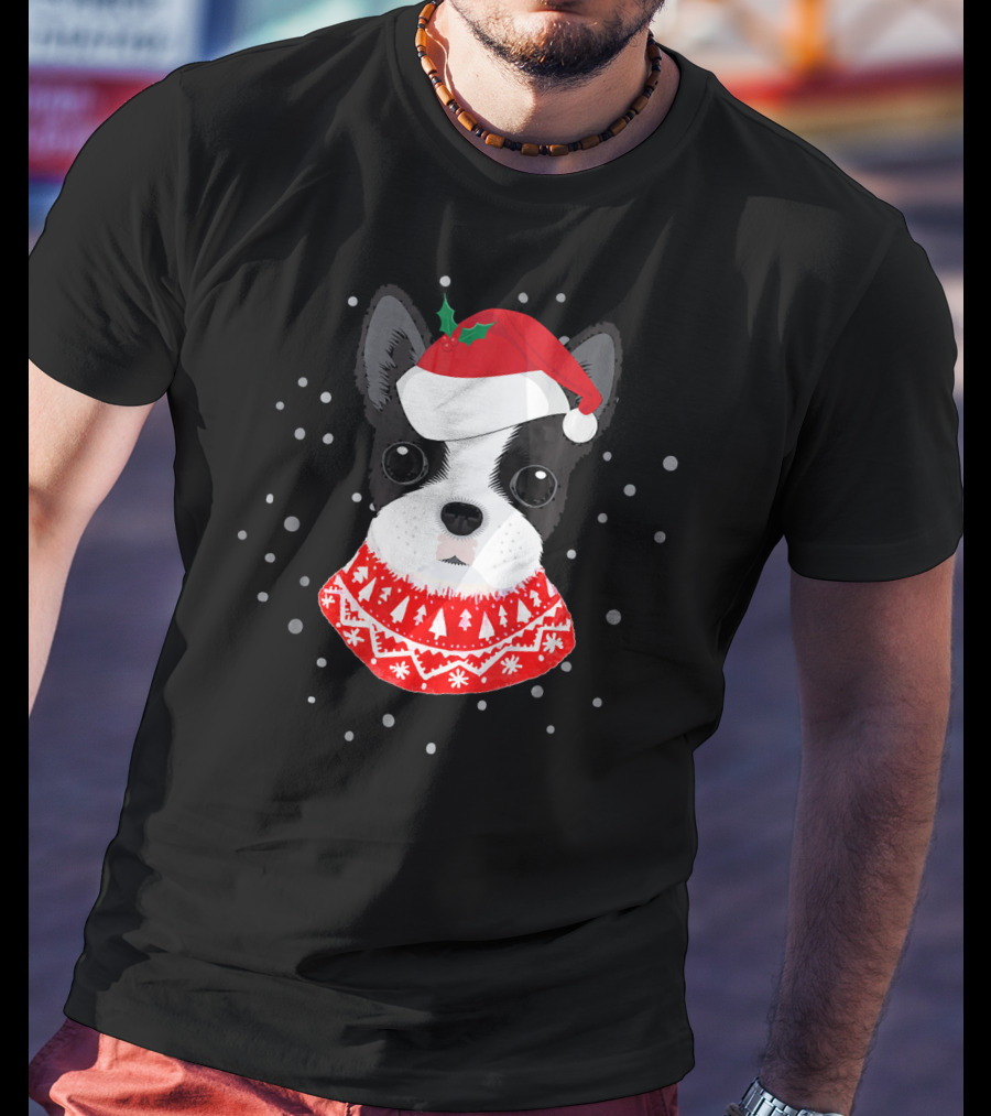 Boston Terrier In Santa Claus Hat With Festive Sweater And Snowflakes T-Shirt