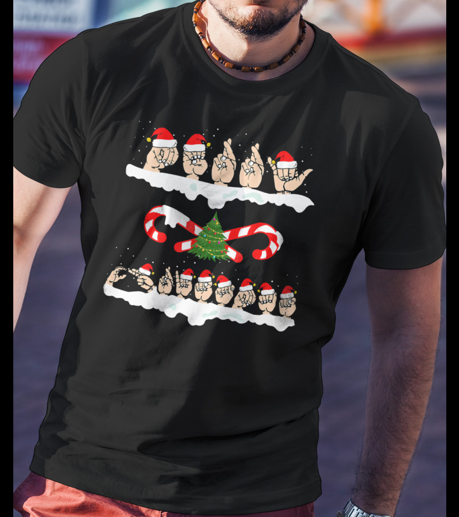 Merry Christmas American Sign Language Santa Hats Candy Cane Snowflake Tree T-Shirt