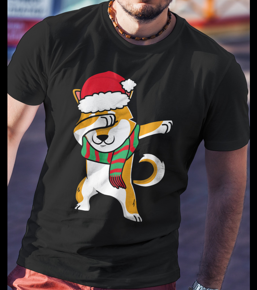 Dabbing Shiba Dog Christmas Santa Hat Scarf T-Shirt