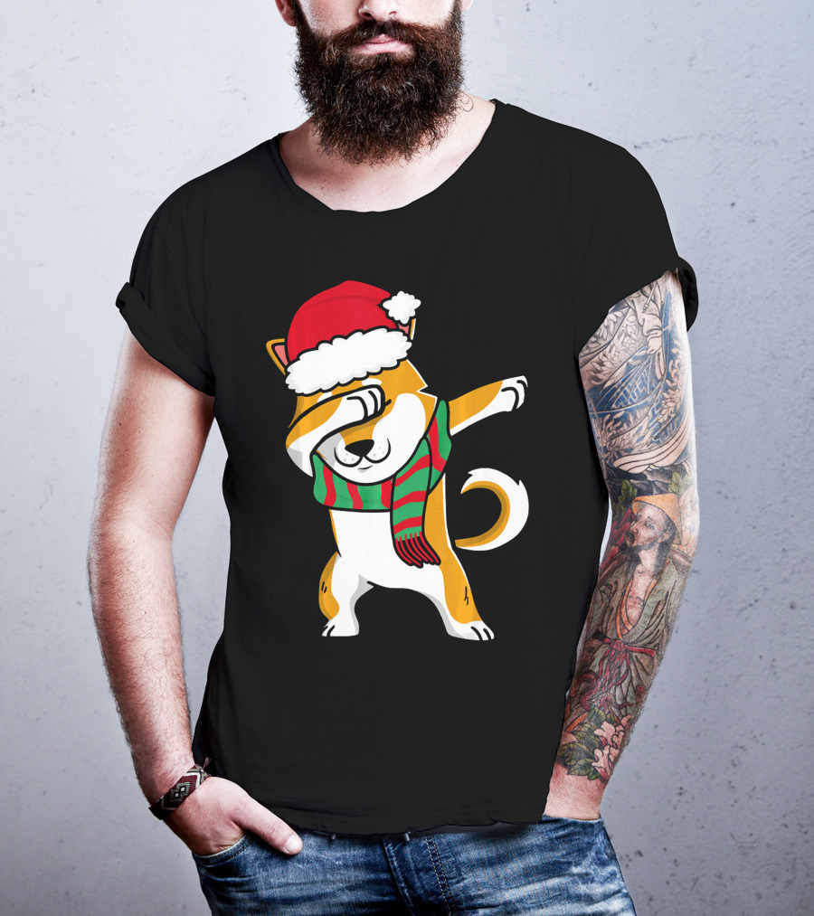 Dabbing Shiba Dog Christmas Santa Hat Scarf T-Shirt