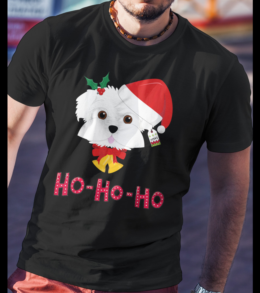 Maltese Dog In Santa Hat With Holly And Ho-Ho-Ho Text T-Shirt