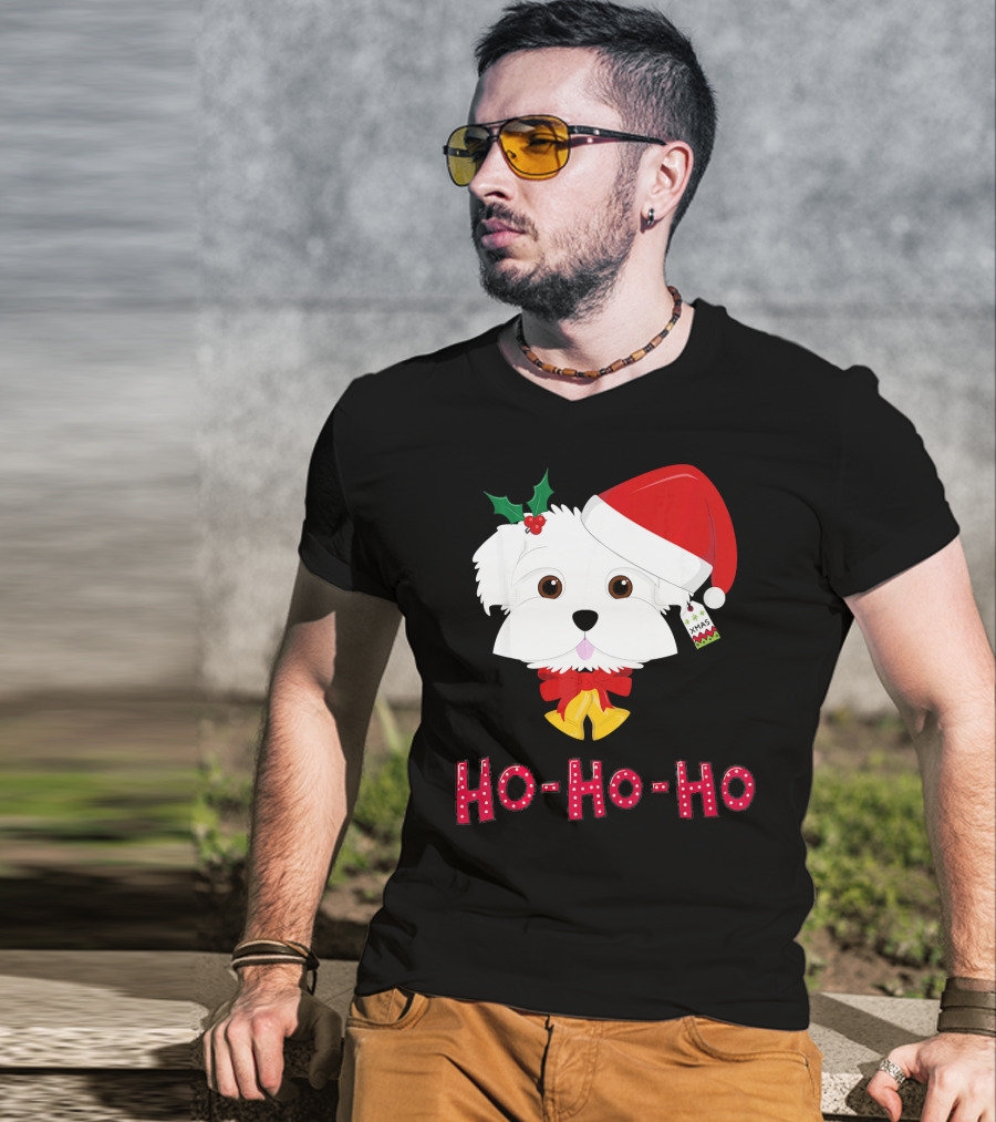 Maltese Dog In Santa Hat With Holly And Ho-Ho-Ho Text T-Shirt