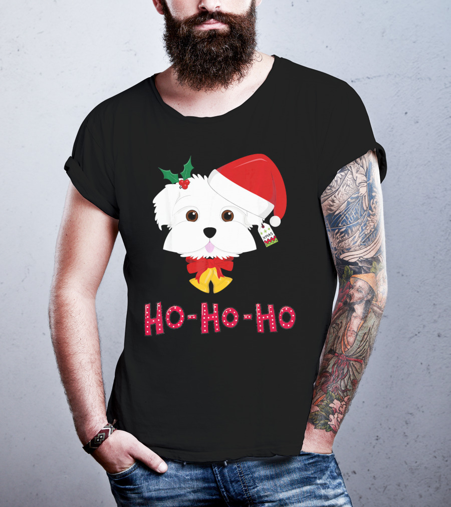 Maltese Dog In Santa Hat With Holly And Ho-Ho-Ho Text T-Shirt