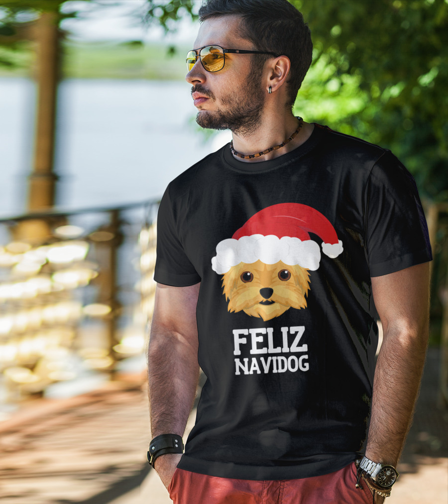 Feliz Navidog Merry Christmas Yorksh Dog Santa Hat T-Shirt