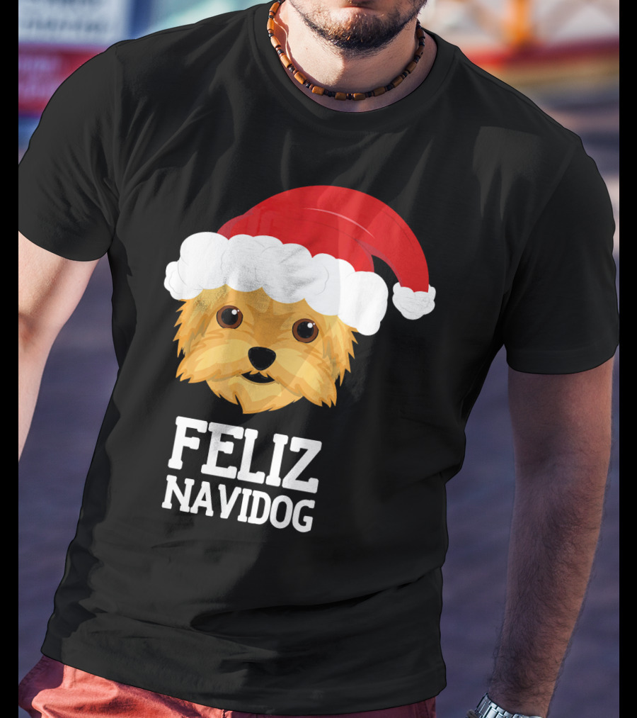 Feliz Navidog Merry Christmas Yorksh Dog Santa Hat T-Shirt