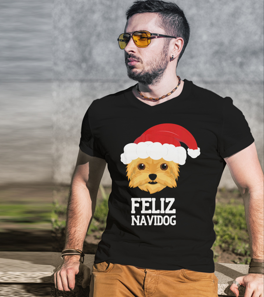 Feliz Navidog Merry Christmas Yorksh Dog Santa Hat T-Shirt
